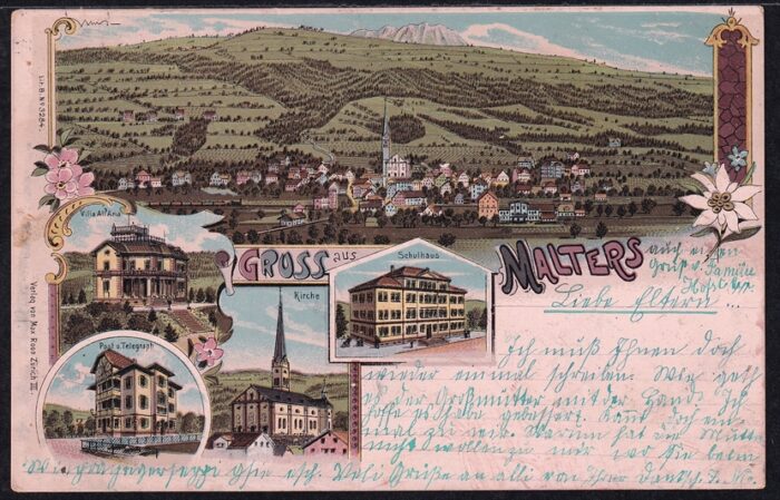 Schweiz, Lithographien, Gruss aus Malters, 5 Bilder, Farblitho