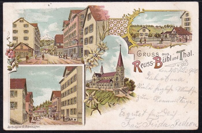 Schweiz, Lithographien, Gruss aus Reuss-Bühl und Thal, 4 Bilder, Farblitho