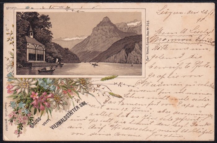 Schweiz, Lithographien, Gruss vom Vierwaldstättersee, Tellskapelle