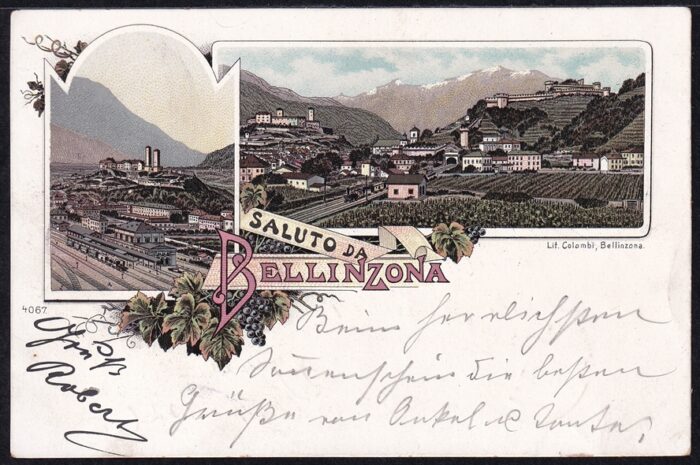 Schweiz, Lithographien, Saluta da Bellinzona, 2 Bilder, Farblitho