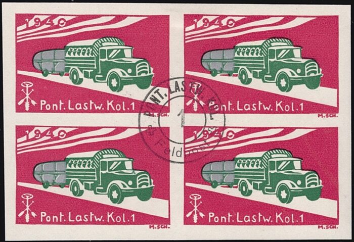 Schweiz, Soldatenmarken, Pontoniere, Pont.Lastw.Kol.1, Nr.2, ungezähnt, im Viererblock