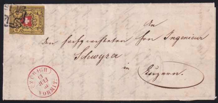 Schweiz Rayon II 1851 Nr. 16 IIg Type 17 B1-LO auf Brief von Zürich nach Luzern