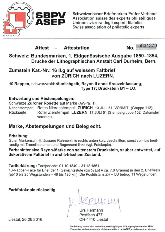 Schweiz Rayon II 1851 Nr. 16 IIg Type 17 B1-LO auf Brief von Zürich nach Luzern – Bild 3